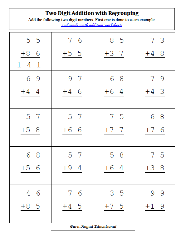 2 Digit Addition With Regrouping Pdf Two Digit Addition Some Regrouping 100 Questions X 