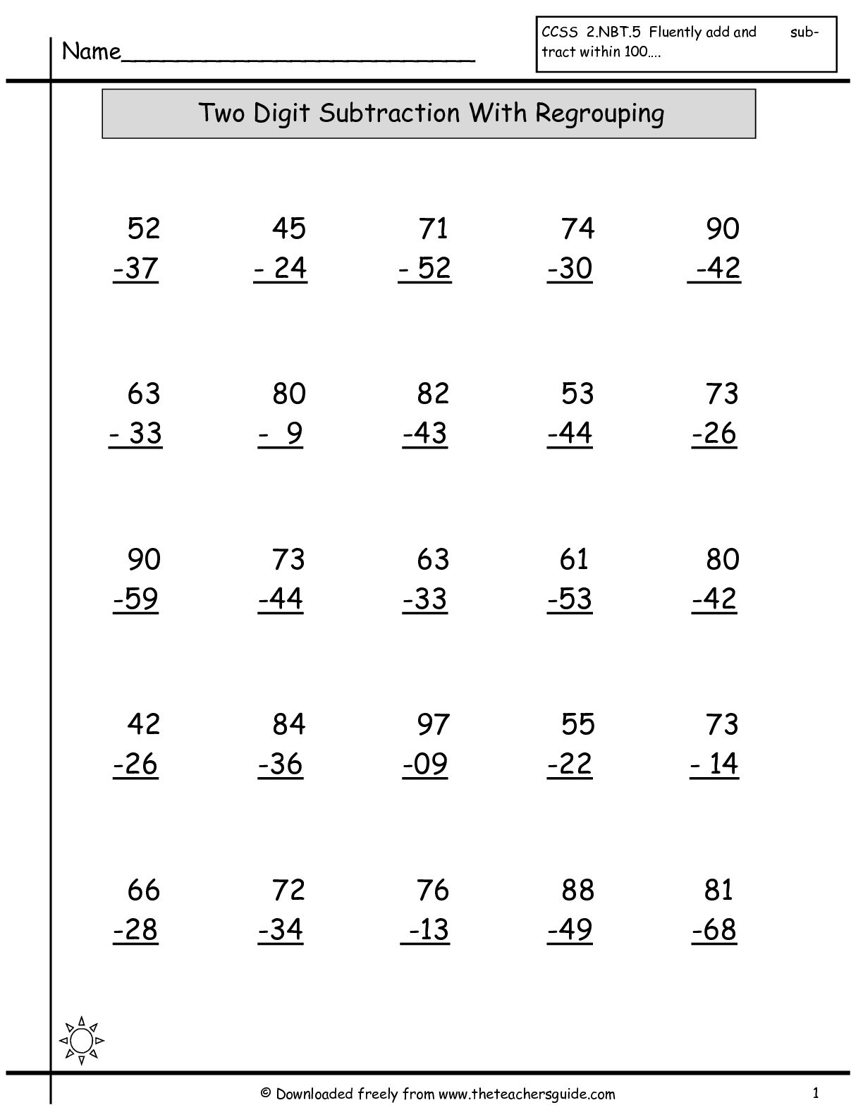 2 Digit Subtraction Worksheets 2 Digit Subtraction No Borrowing 2 