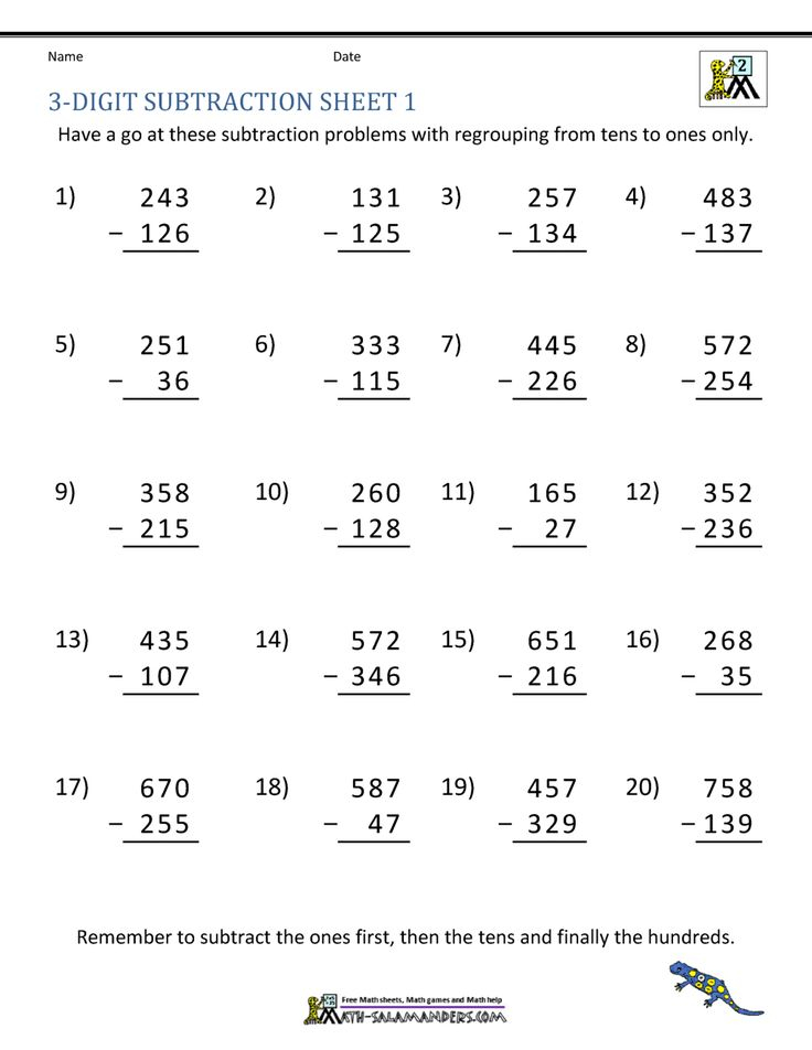 3 Digit Subtraction Sheet 1 Subtraction Worksheets Math Facts