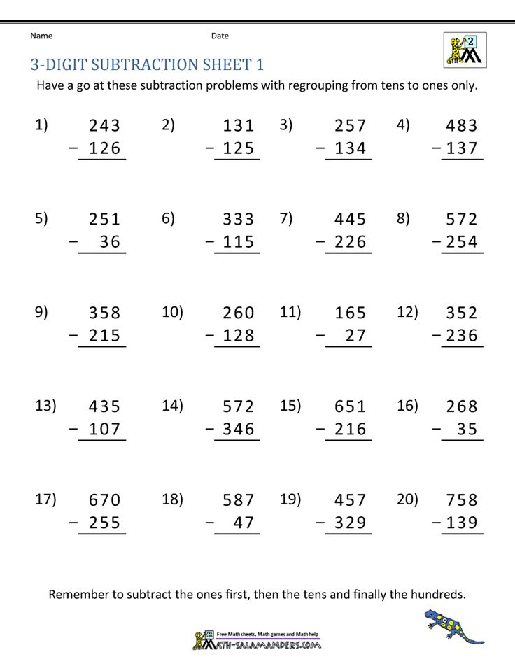 3 Digit Subtraction Sheet 1 Subtraction Worksheets Math Facts 