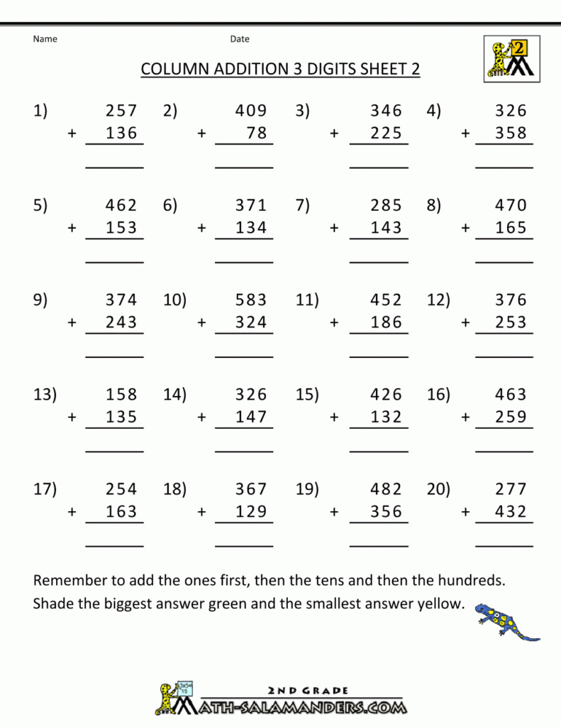Addition Math Worksheets Column Addition 3 Digits 2 Addition And 