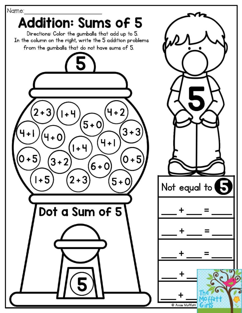 Bubble Gum Numbers Addition Sums Of 5 Color The Gumballs That Add Up 
