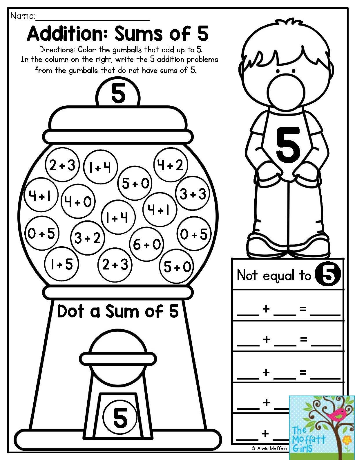 Bubble Gum Numbers Addition Sums Of 5 Color The Gumballs That Add Up 