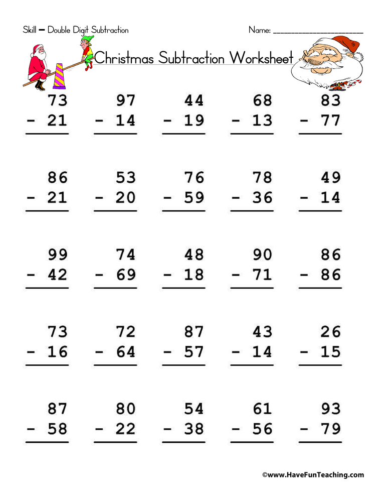 Christmas Double Digit Subtraction Worksheet Have Fun Teaching