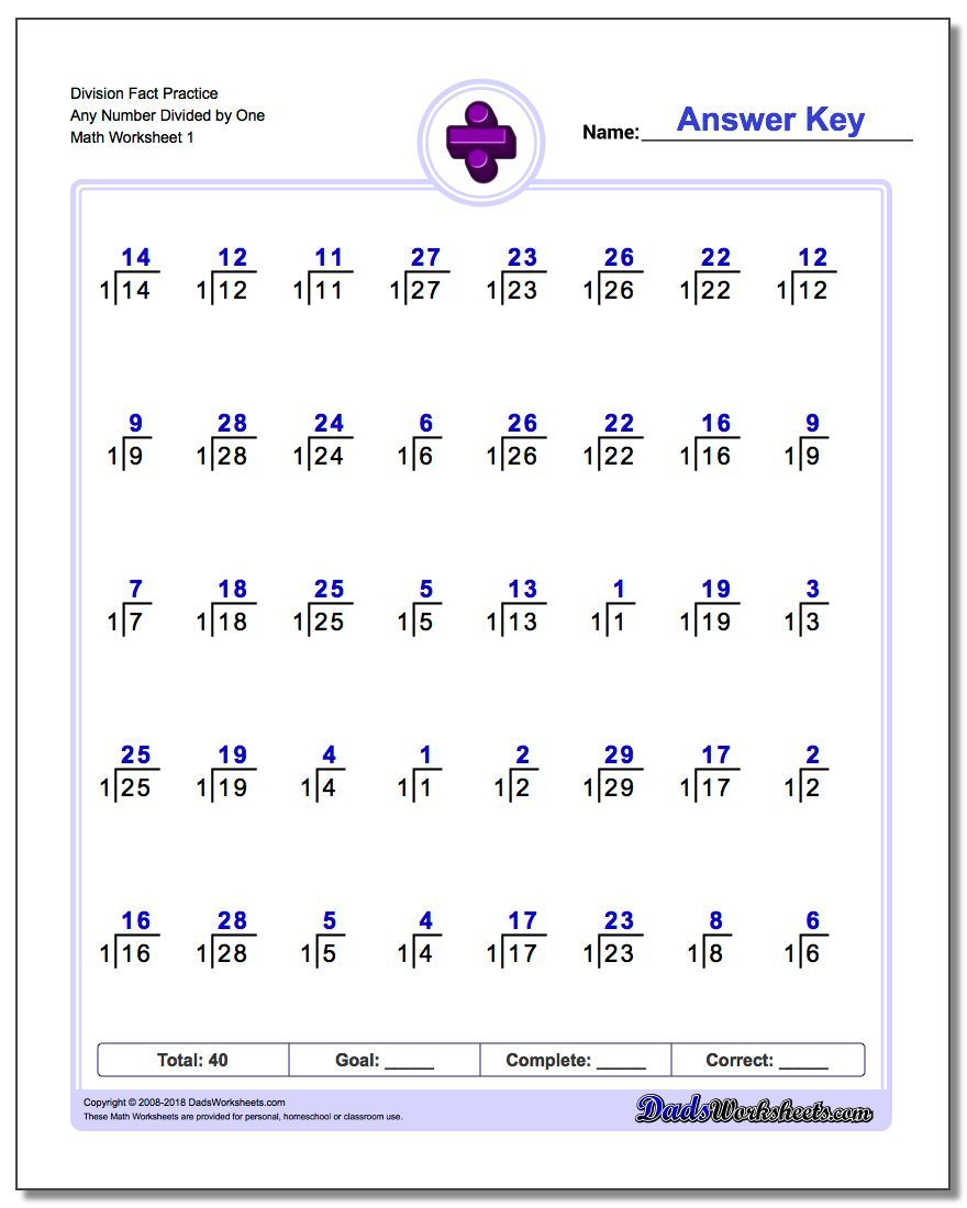 Division Worksheet Fact Practice Any Number Divided By One Division