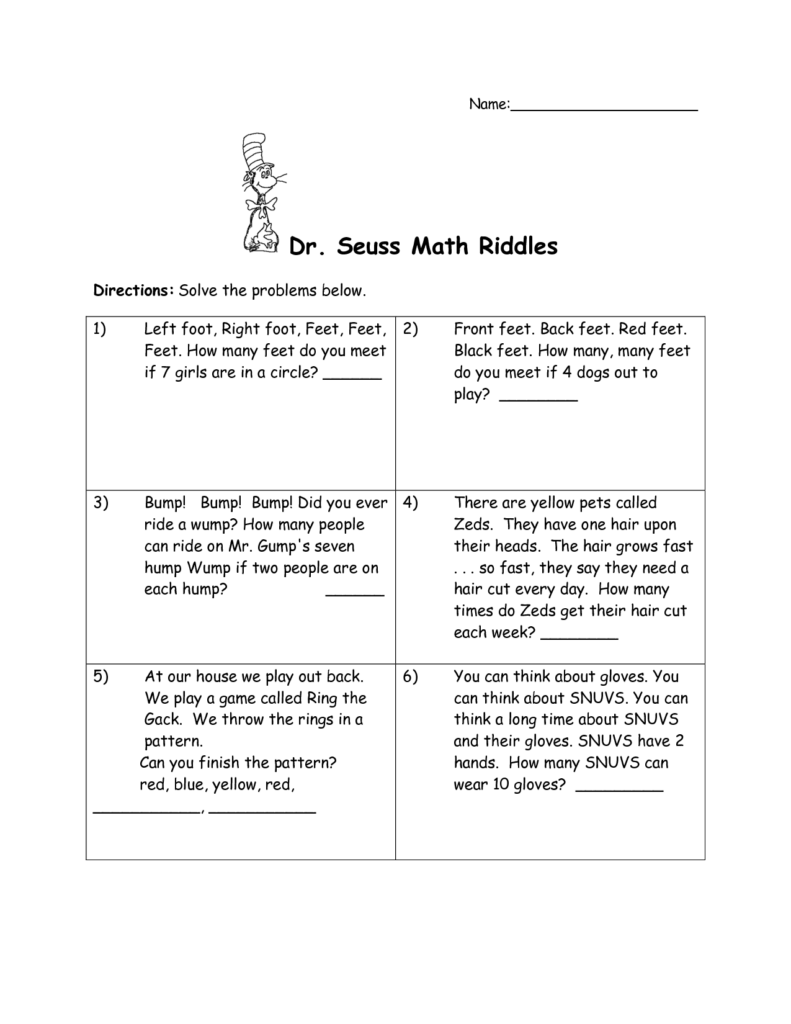 Dr Seuss Math Riddles Dr Seuss Math Math Riddles Dr Seuss Math 
