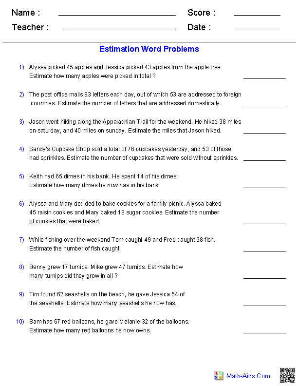 Estimating Sums And Differences 2 Digits Word Problems Division Word 