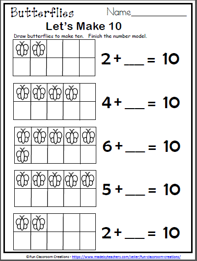 Free Butterfly Math Worksheet For Kindergarten Let s Make 10 Activity 