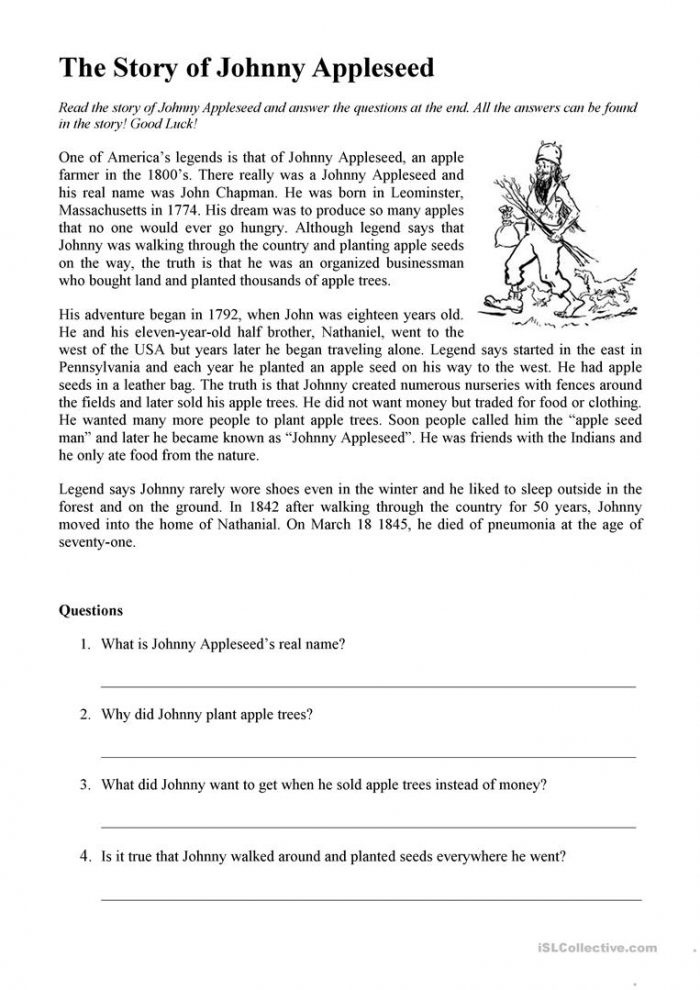 Johnny Appleseed Story Worksheets 99Worksheets