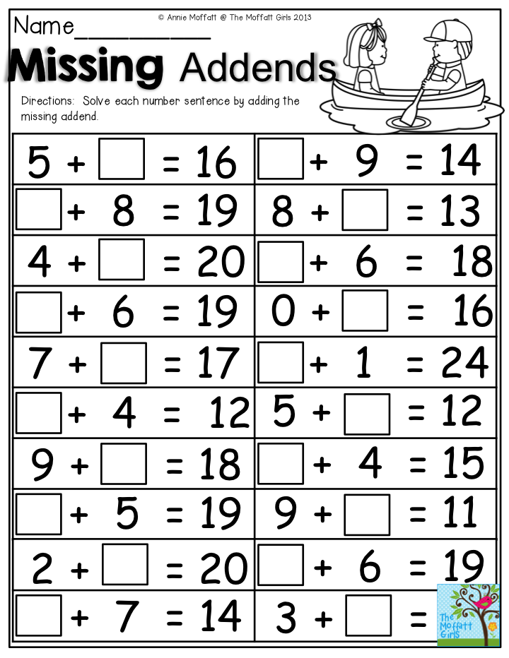 Missing Addends Solve Each Number Sentence By Adding The Missing 