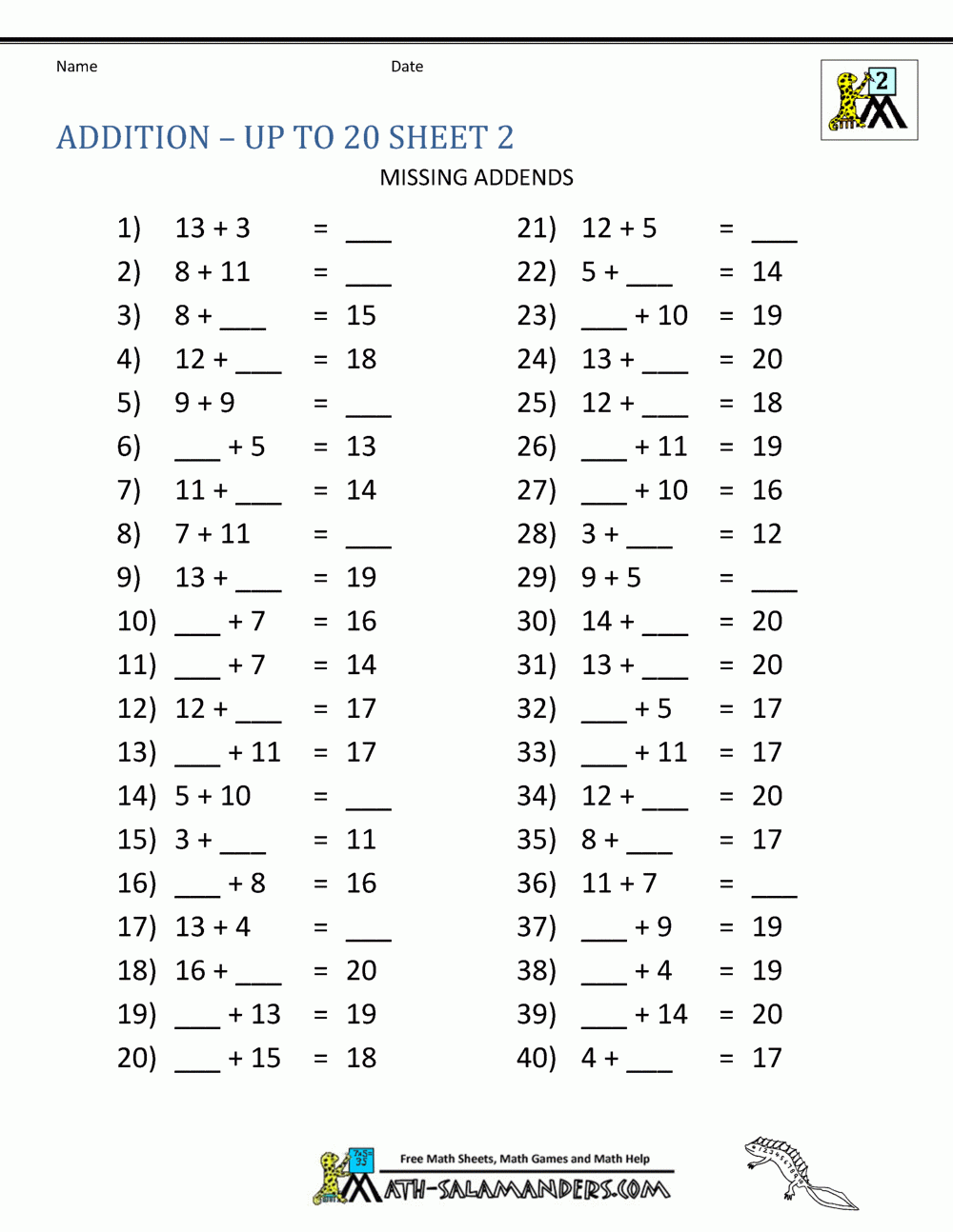 Printable Addition Facts To 20