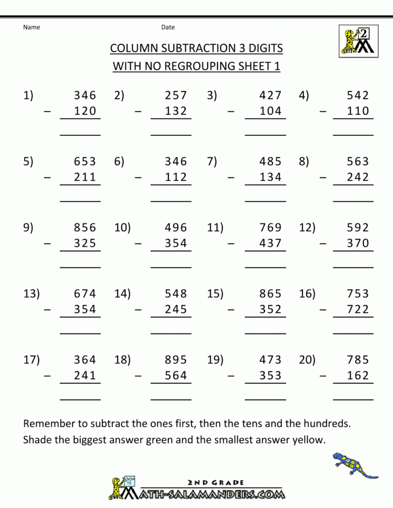 Subtraction with regrouping column subtraction 3 digits no regrouping 1 
