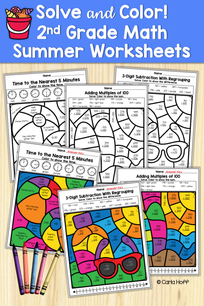 SUMMER 2nd Grade Math Skills Color By Code Distance Learning Printables 