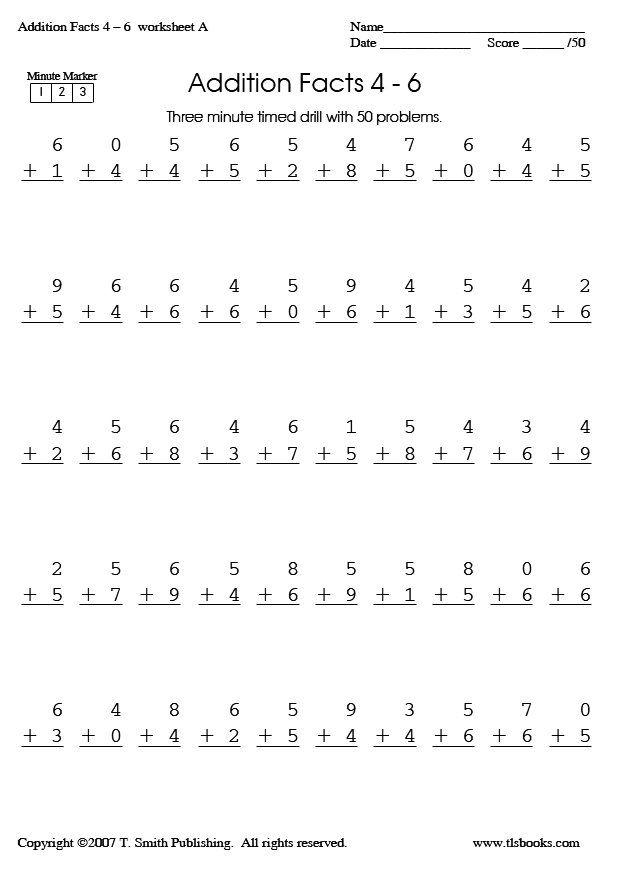 Three Minute Timed Math Drill Sheets Adding 4 6 With Sums To 15 Math 