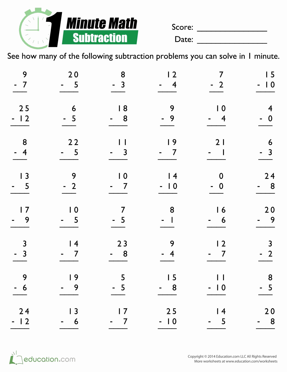 Tutorial 30 Easily Mad Minute Subtraction Worksheets Simple Template 