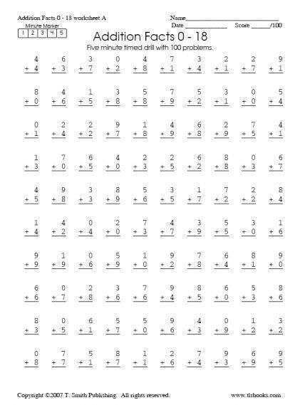 1st Grade Timed Math Drill Sheets Five Minute Addition 0 18 