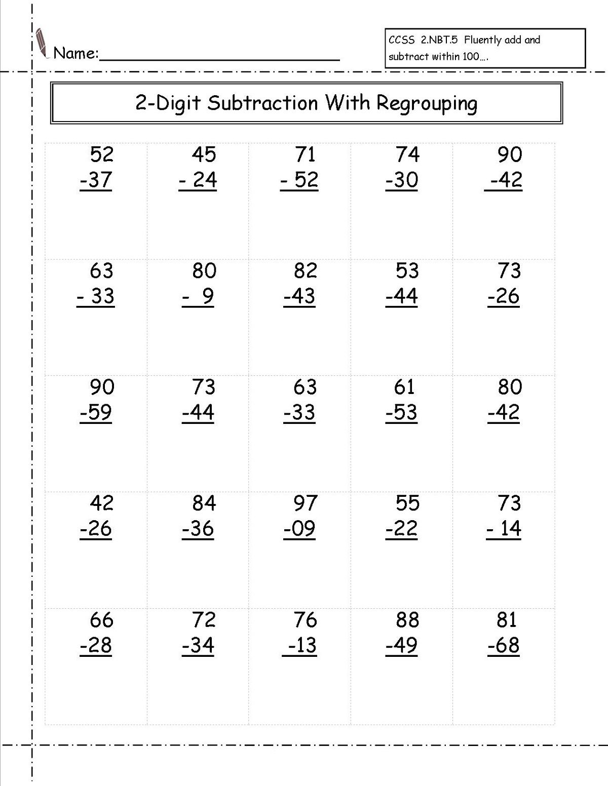 2 Digit Subtraction With Regrouping Worksheets 2nd Grade Addition And