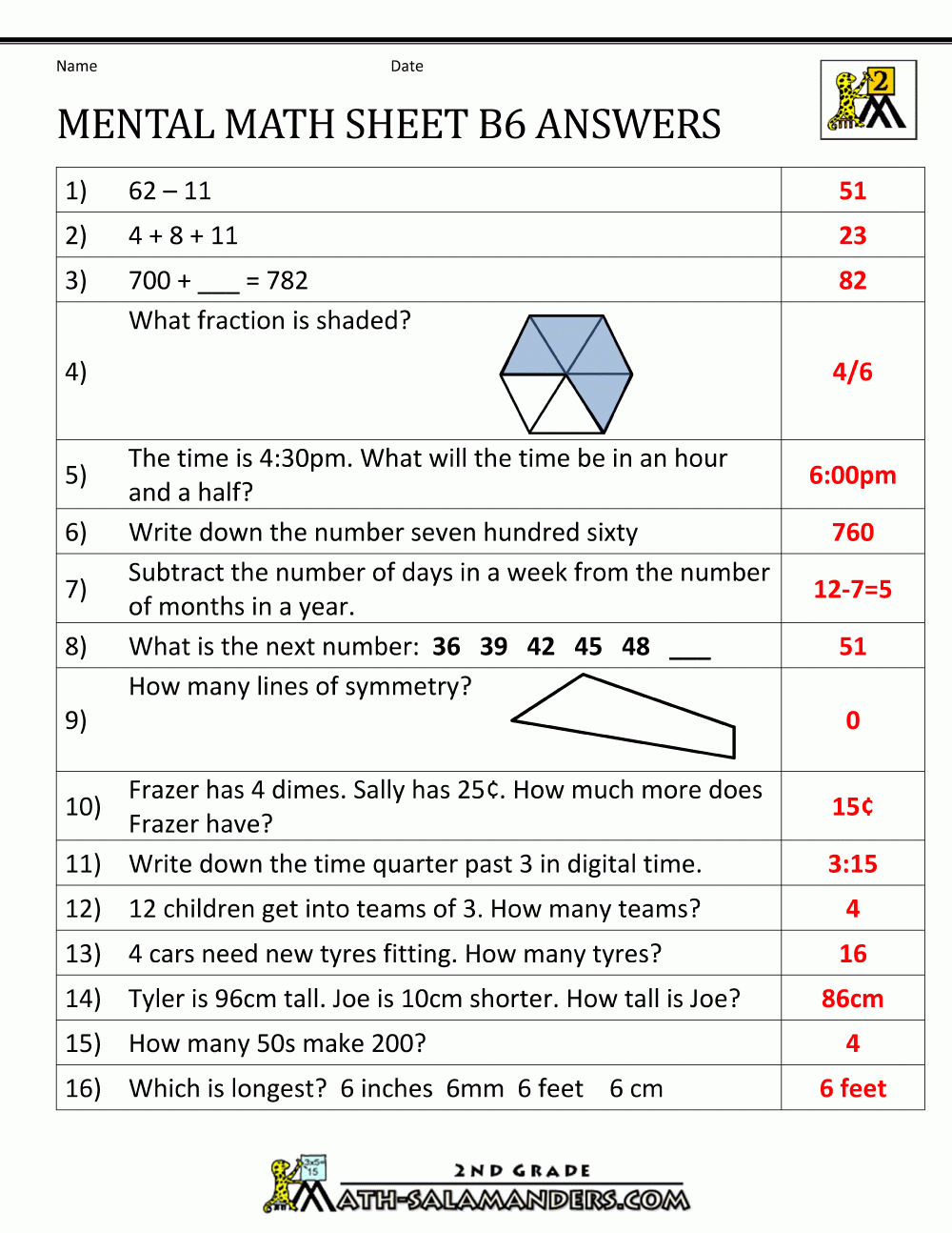 2nd Grade Mental Math Worksheets