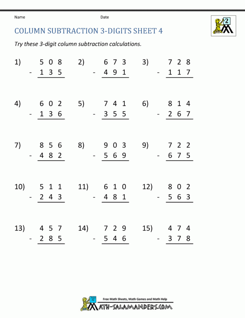 3 Digit Subtraction Worksheets