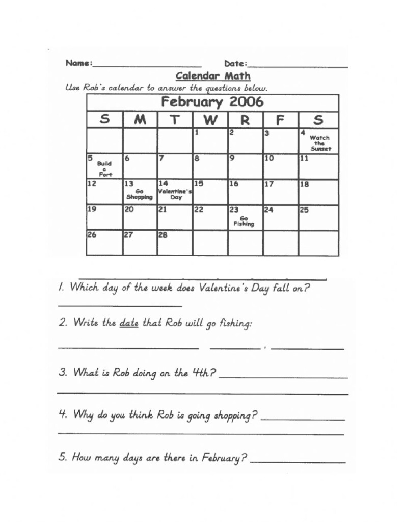 Calendar Math Worksheet Kindergarten