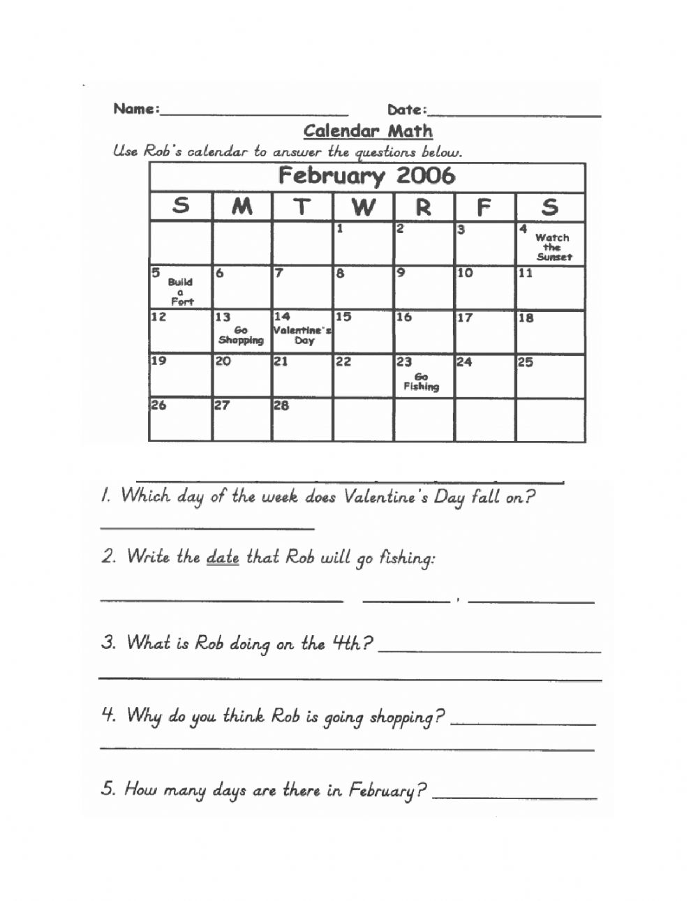 Calendar Math Worksheet Kindergarten