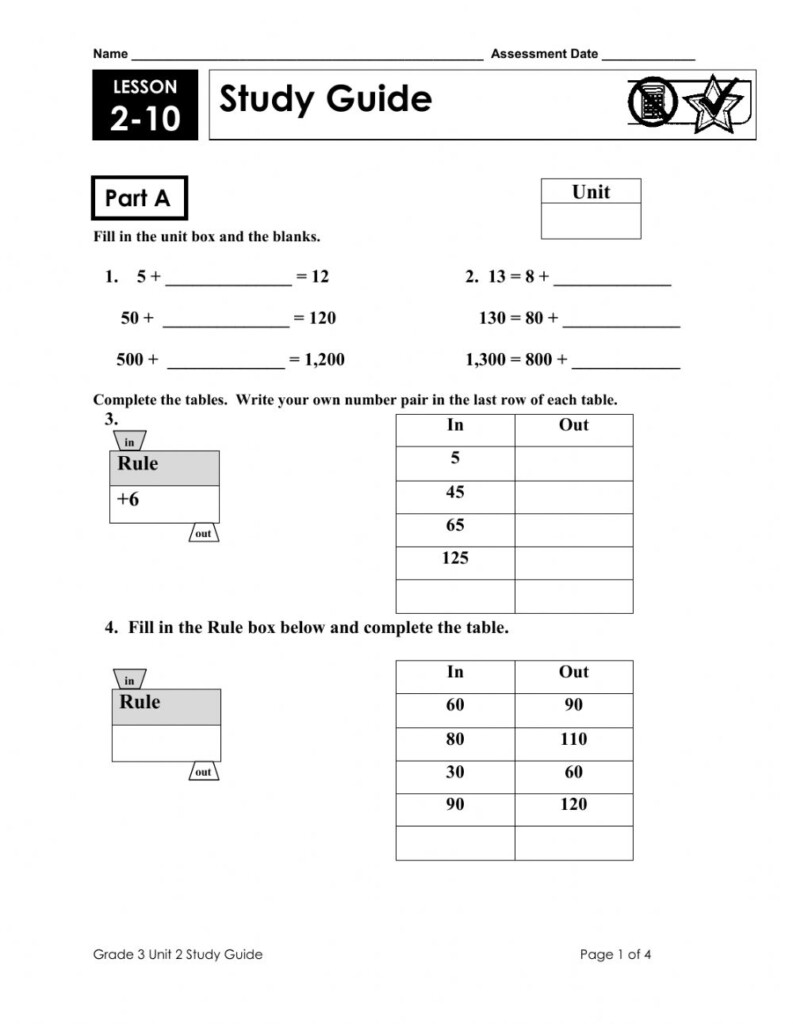 Everyday Math Review Guide Unit 2 Worksheet