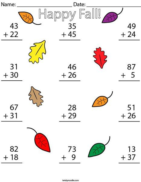 Fall Double Digit Addition Math Worksheet Twisty Noodle Kindergarten 