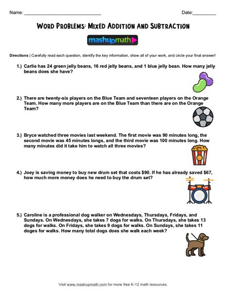 Free 2nd Grade Math Word Problem Worksheets Mashup Math Word 