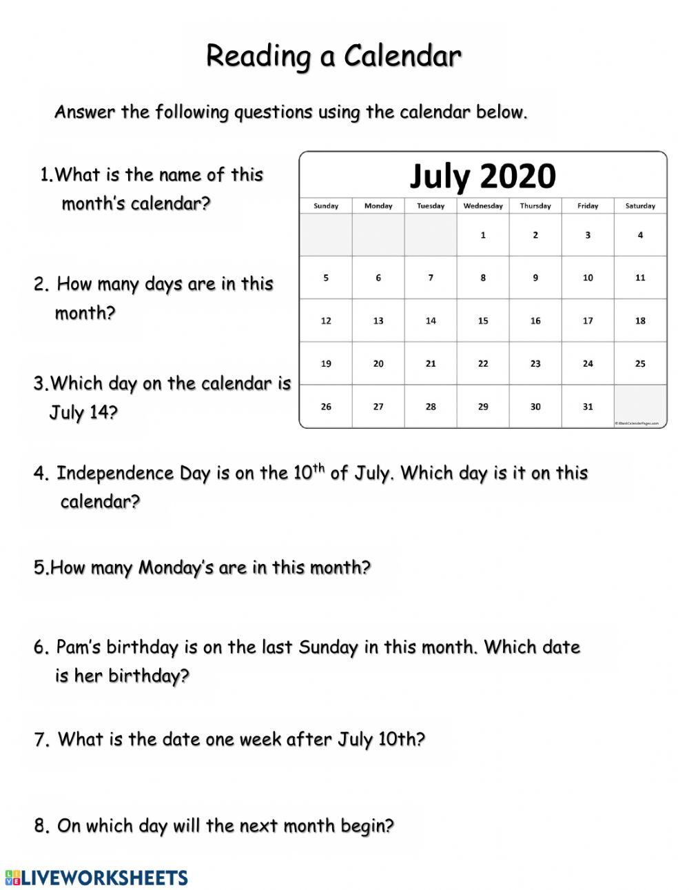 Grade 3 Calendar Worksheet Reading A Calendar K5 Learning Reading A 