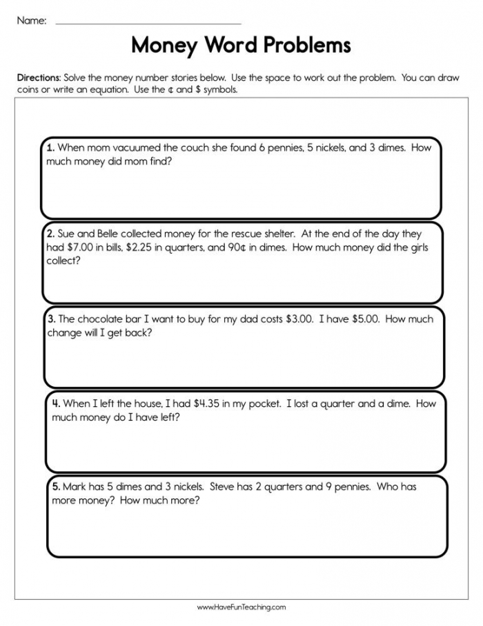 Money Word Problems 5 Worksheets 99Worksheets