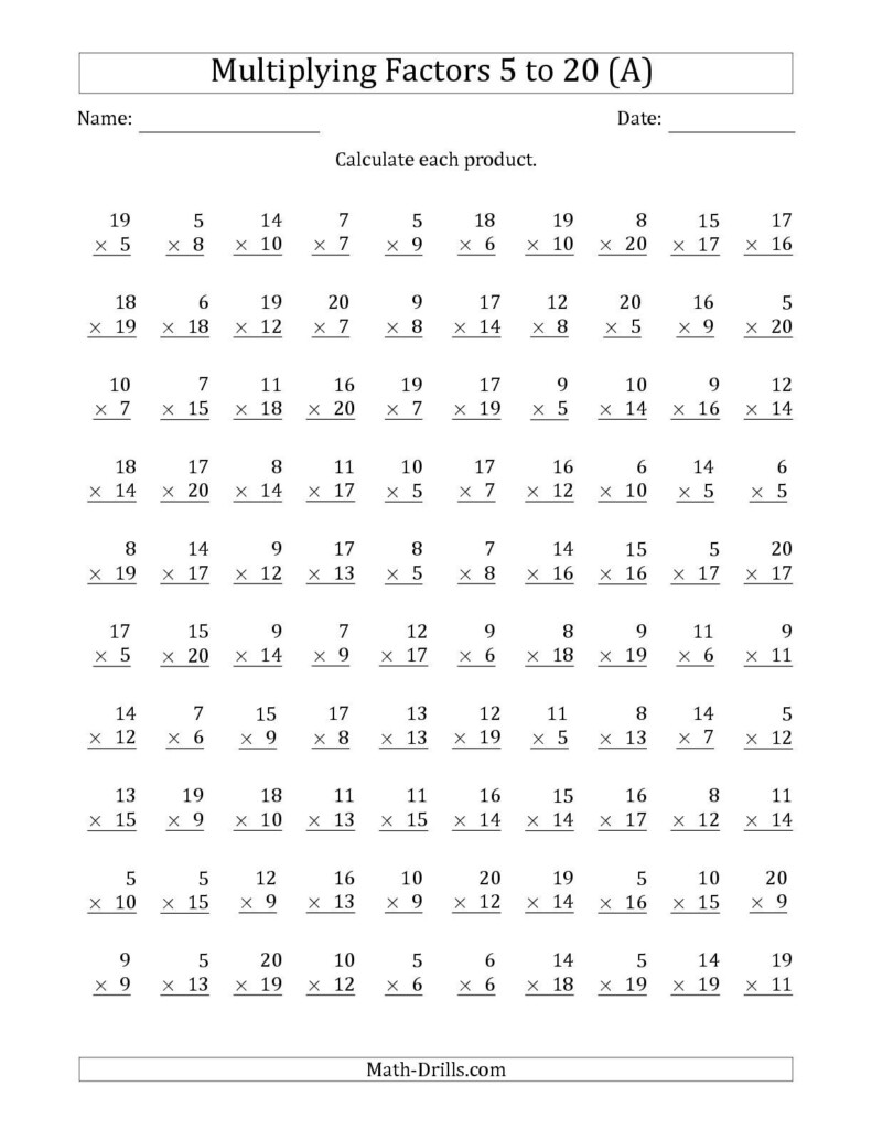 Multiplication With Factors 5 To 20 100 Questions A 