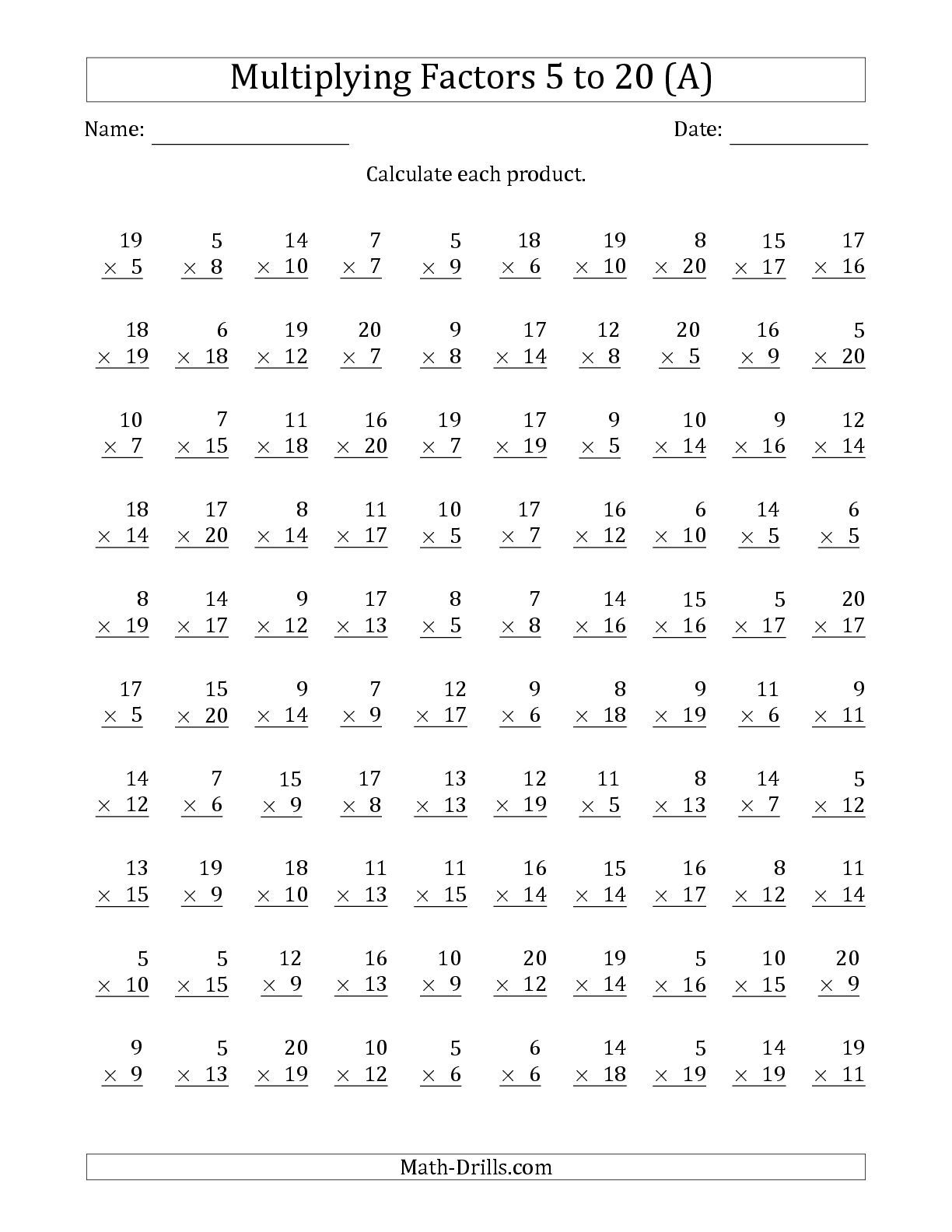 Multiplication With Factors 5 To 20 100 Questions A