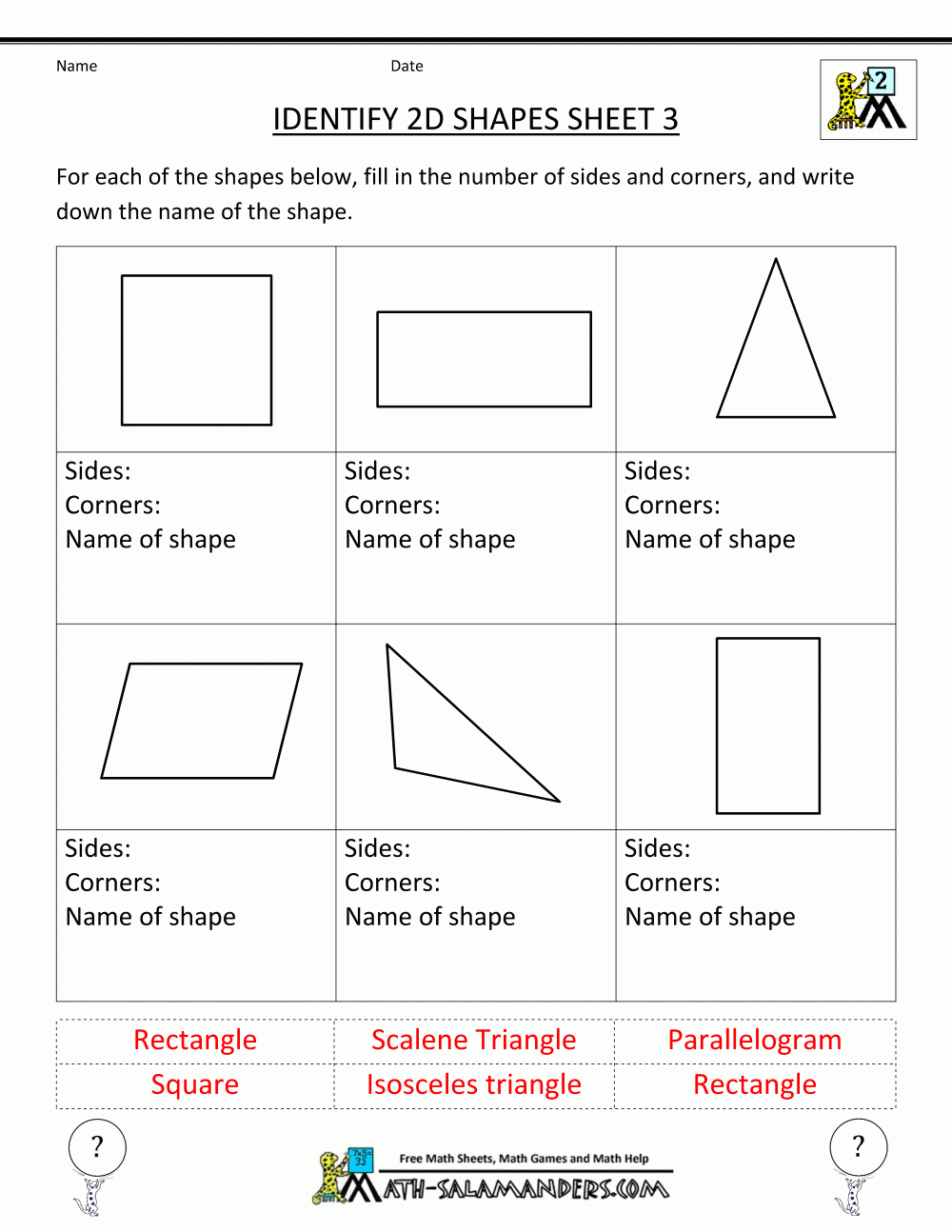 Shapes 2D Worksheets