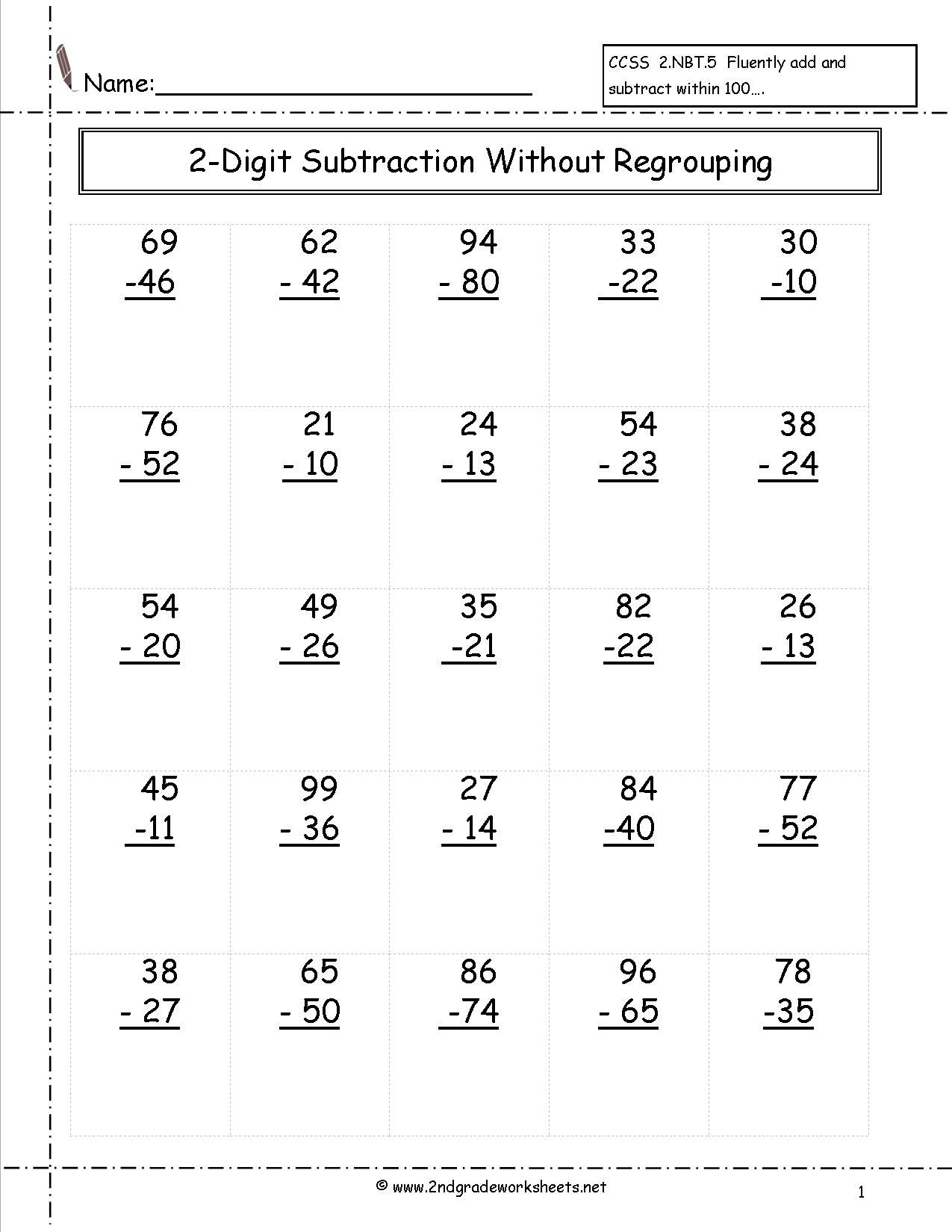 Two Digit Subtraction Without Regrouping Worksheet 2nd Grade Math