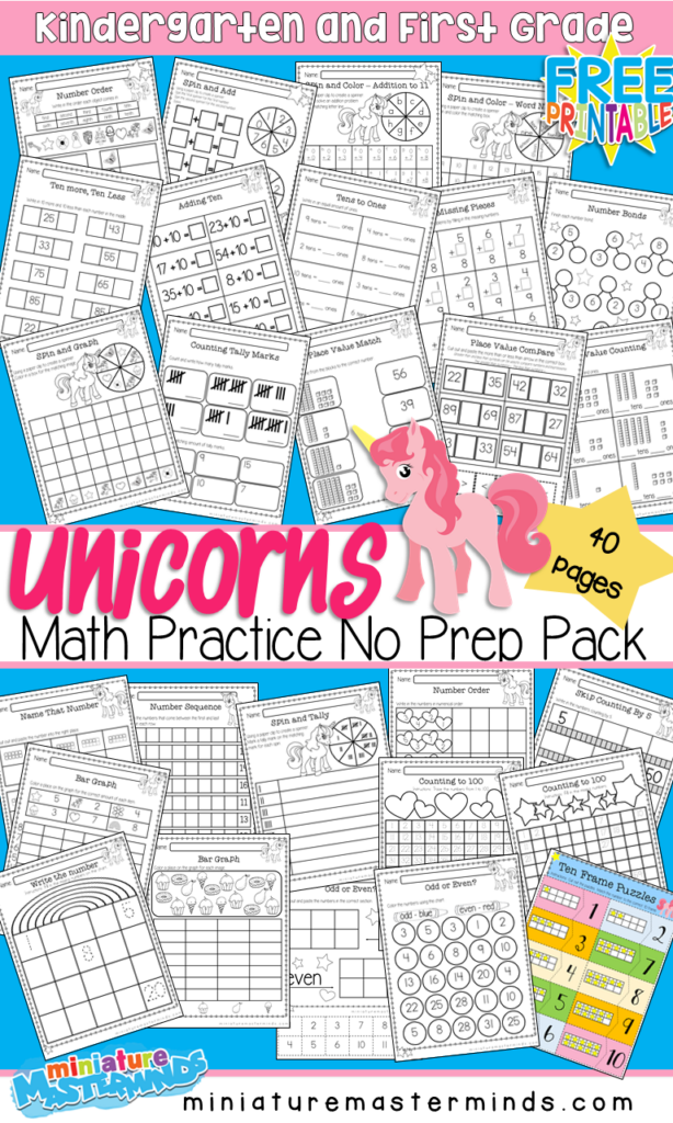 Unicorn Themed Math Practice No Prep Book 40 Pages Kindergarten And 