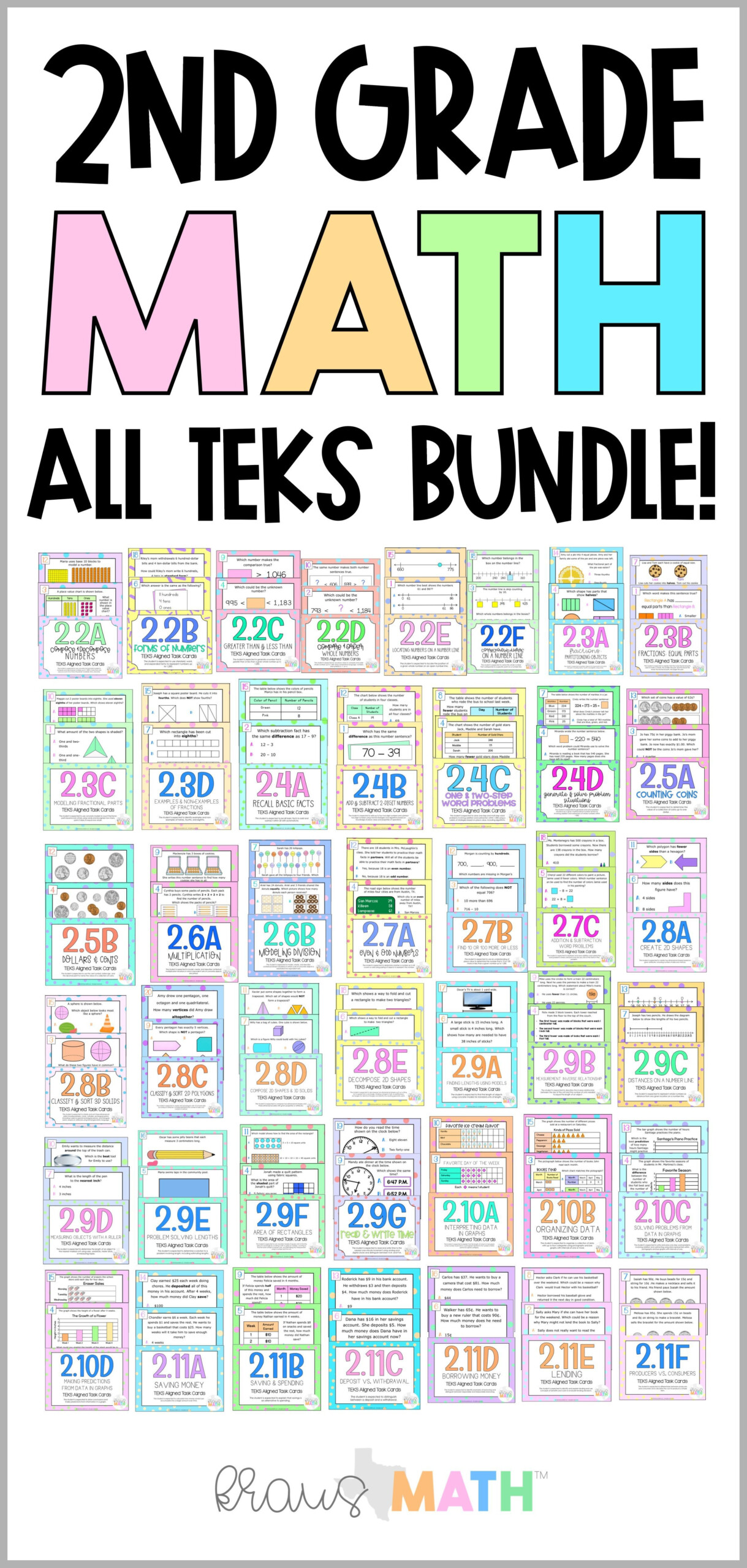 2nd Grade Math TEKS Aligned Task Cards ALL TEKS Bundle 2nd Grade 