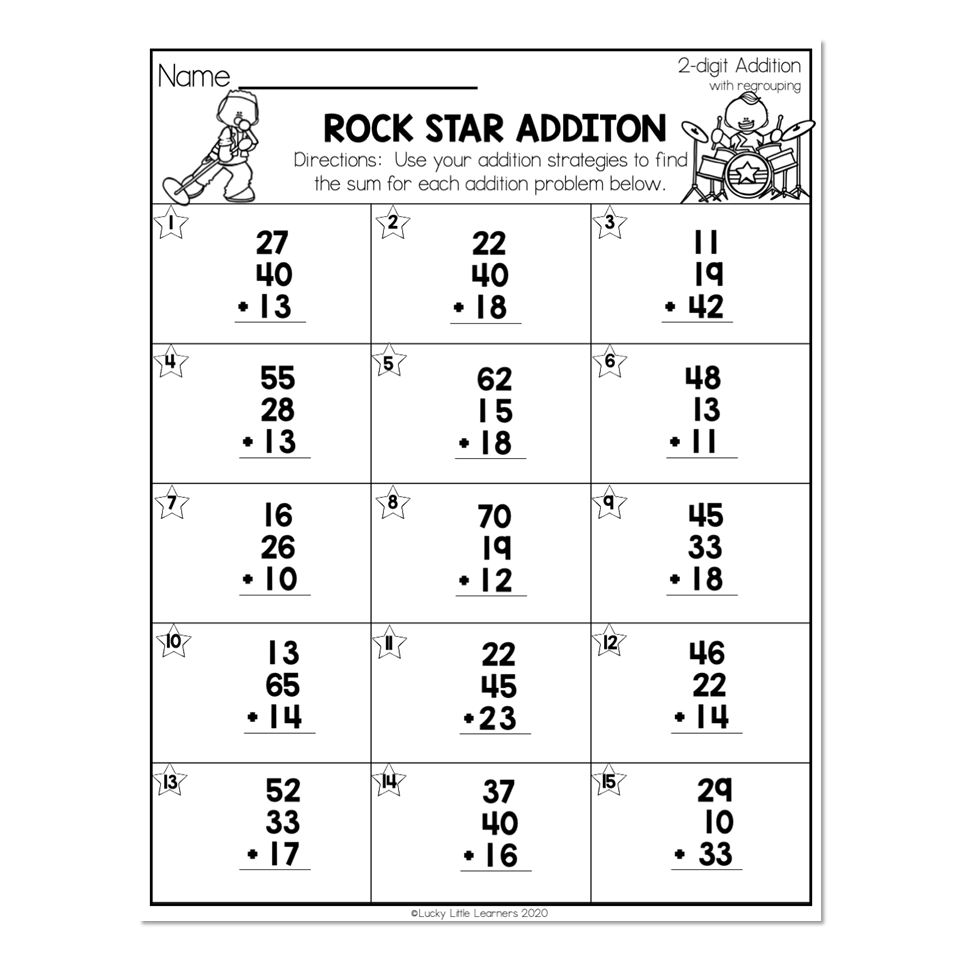 2nd Grade Math Worksheets 2 Digit Addition With Regrouping Rock