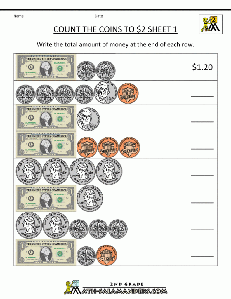 2nd Grade Math Worksheets Count The Coins To 2 Dollars 1 Counting Money 