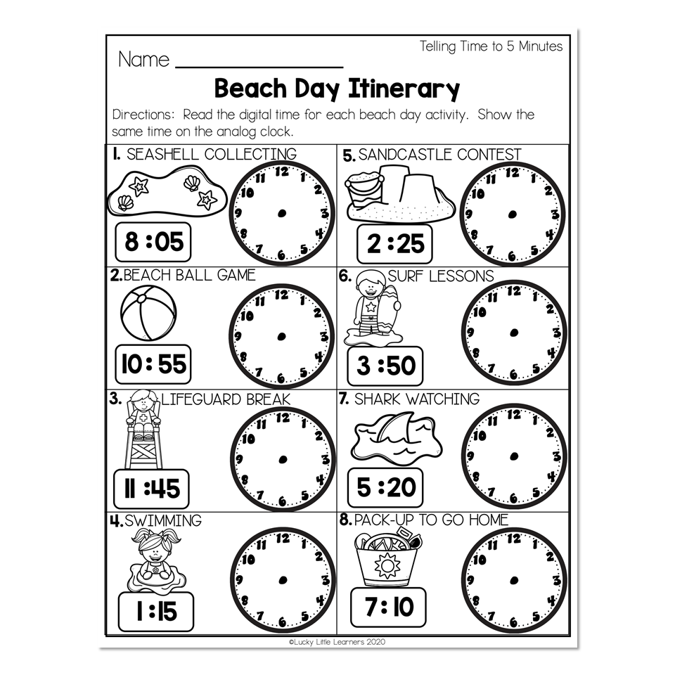 2nd Grade Math Worksheets Time Telling Time To 5 Minutes Beach 