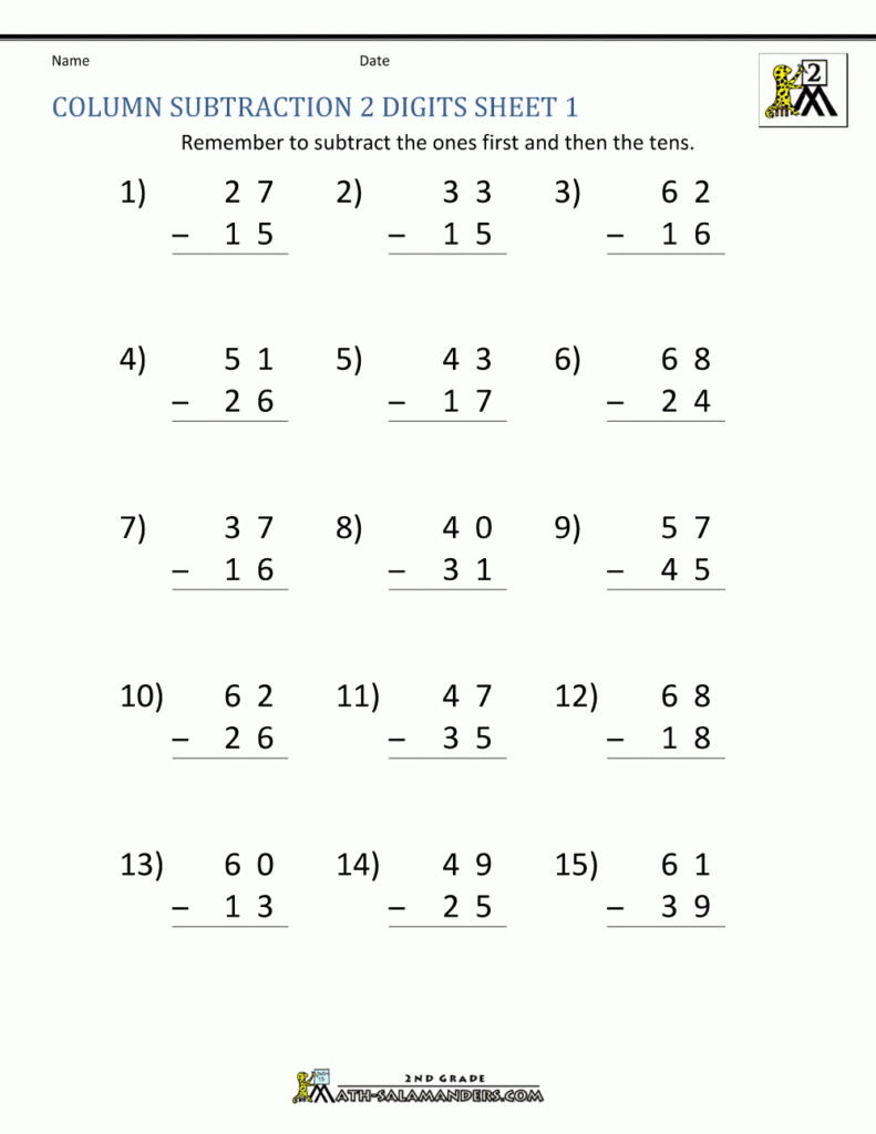 3 Digit Subtraction Worksheets No Prep 2nd Grade Double Digit 