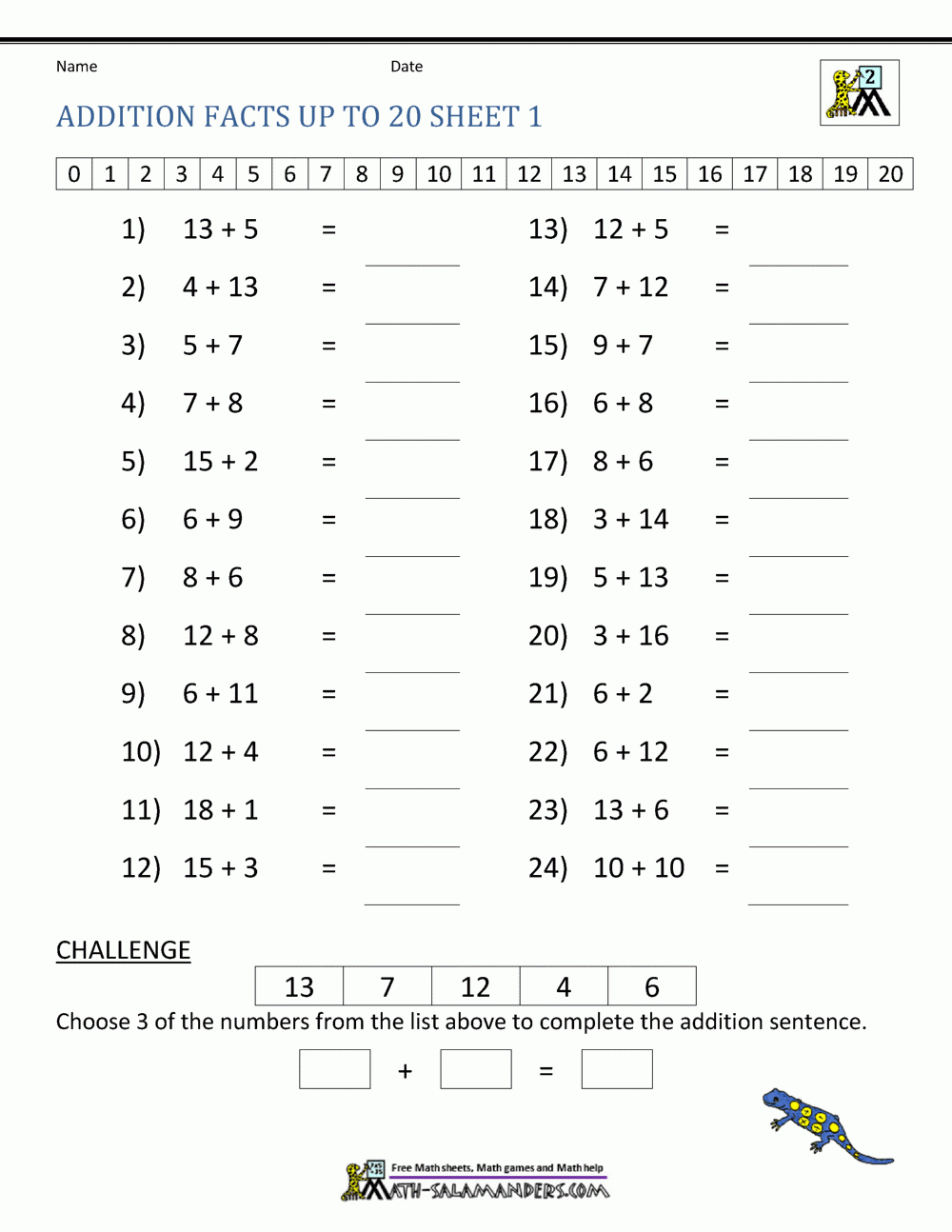 Addition Facts To 20 Sheet 1 In 2020 Math Facts Addition Addition