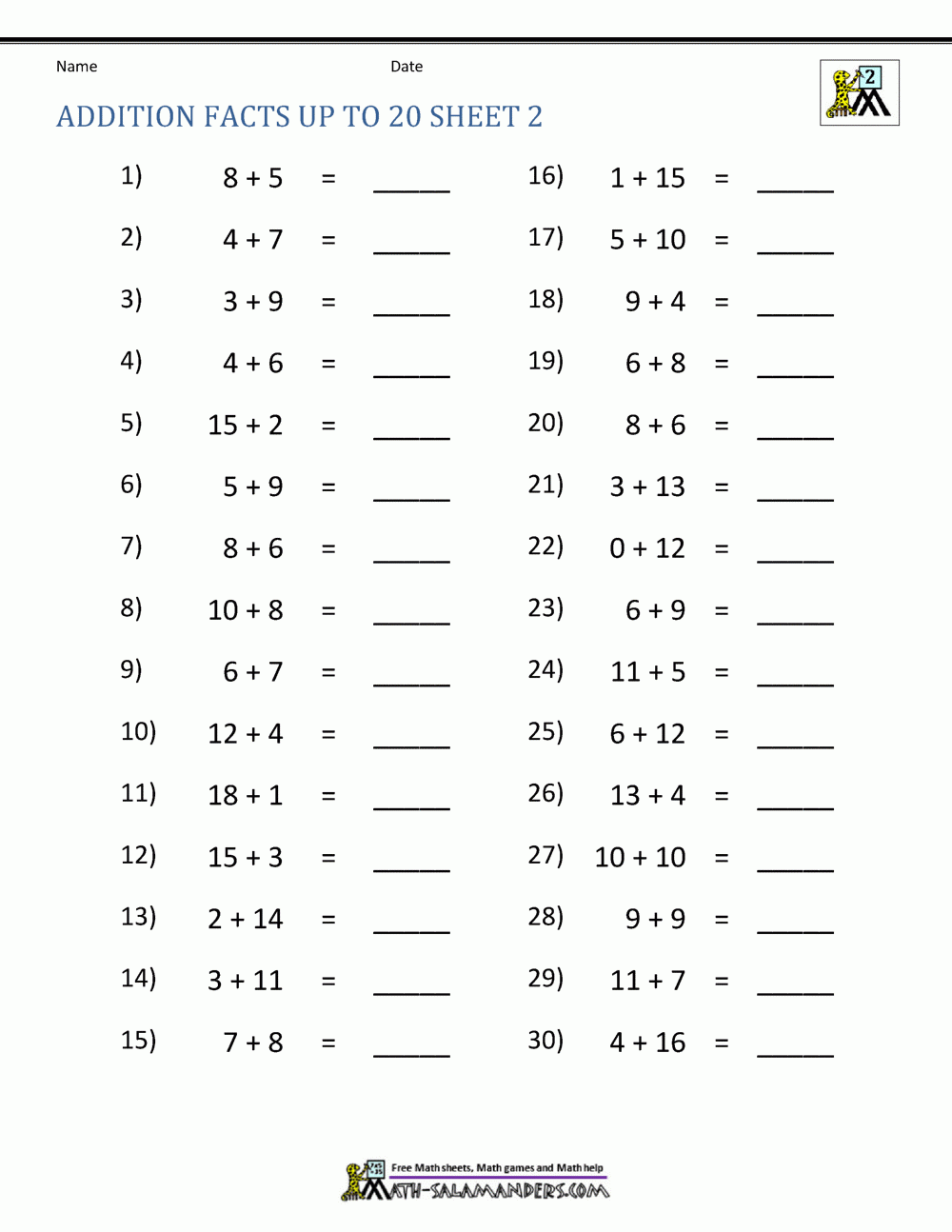 Addition Facts To 20 Worksheets WorksheetsCity