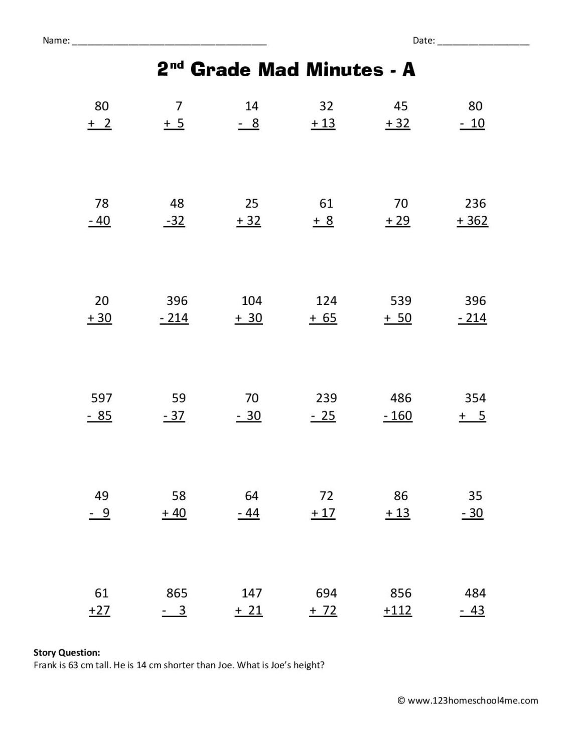 FREE Printable 2nd Grade Math Minutes Worksheets Pdf