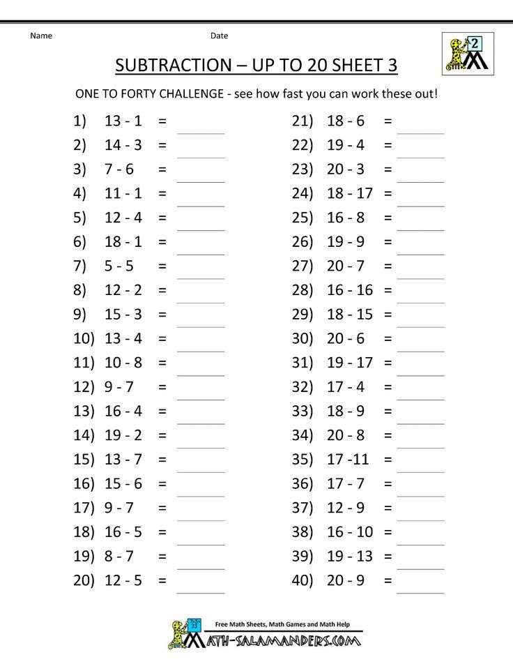 Free Subtraction Worksheets Mental Subtraction To 20 3 Mental Maths 