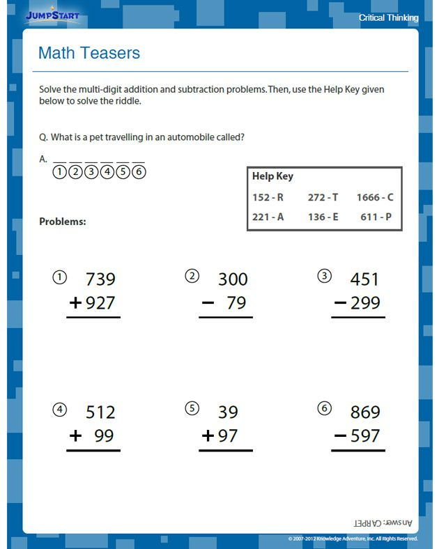 Math Teasers Free Critical Thinking Worksheets For 2nd Grade 