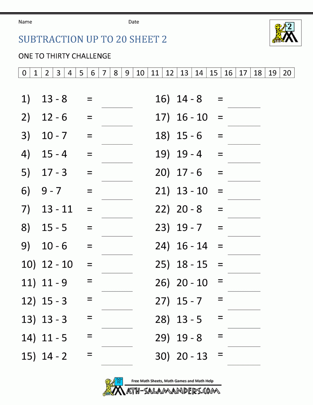 Subtraction Facts To 20